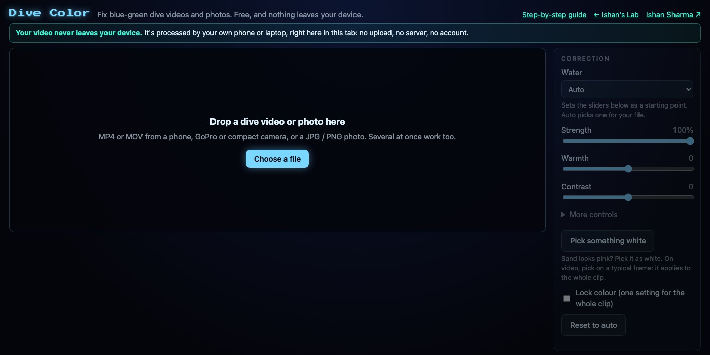 Dive Color before a file is chosen, with the drop area on the left and the sliders on the right