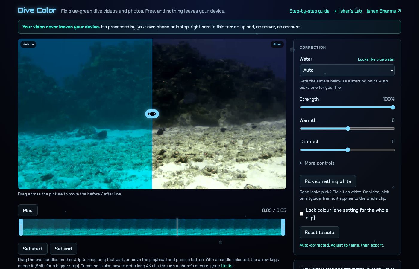 Dive Color showing the before and after line in the middle of a dive frame, original on the left and corrected picture on the right, playhead at 0:03.