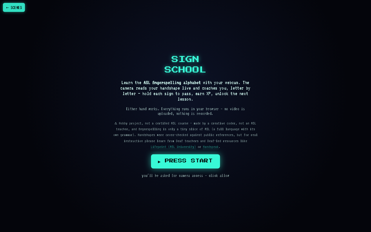 The Sign School start screen, showing the title, a short description and a Press Start button